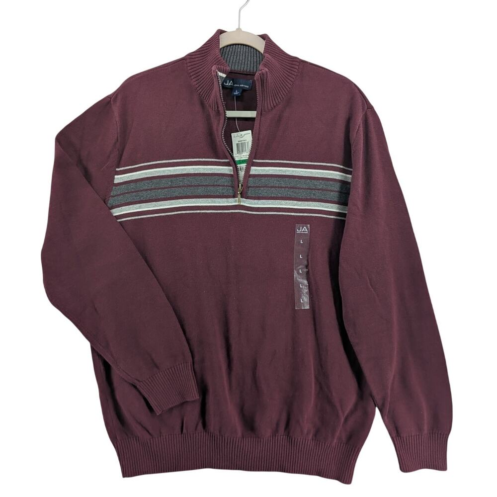 John Ashford Men's 1/4 Zip Sweater Striped Red Gray Large High Neck Long Sleeve - Picture 1 of 8